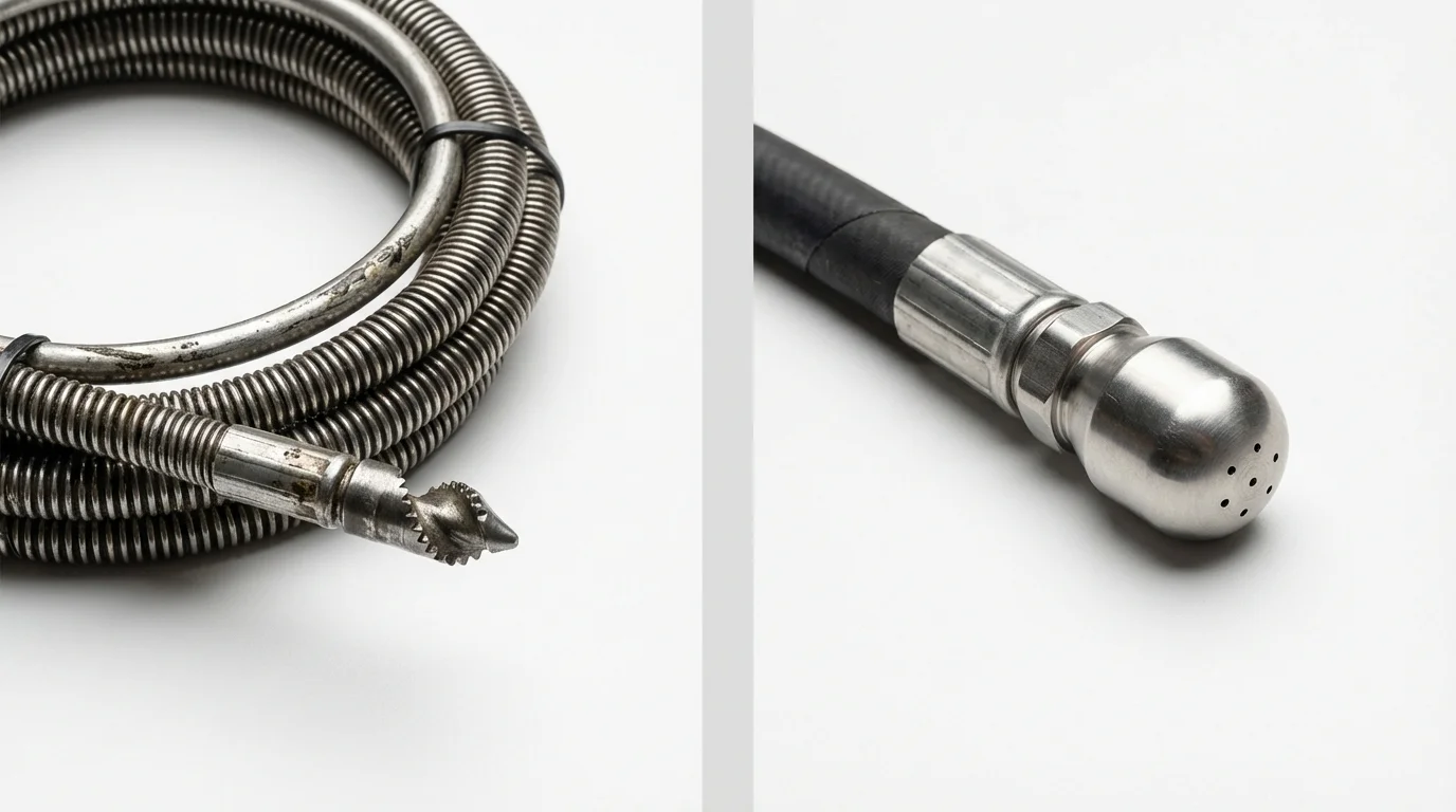 Drain snake cable and hydro jetting nozzle used for drain cleaning in Plymouth, MI
