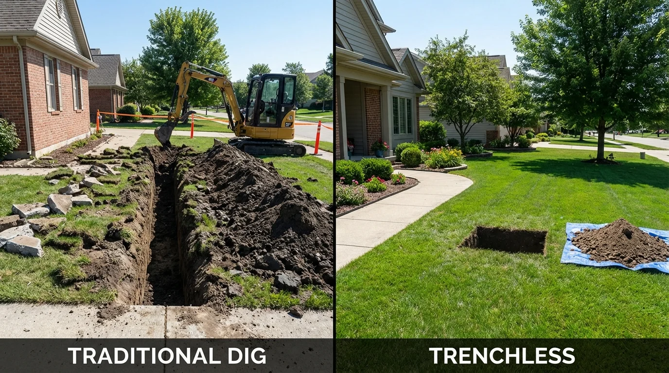 Trenchless sewer repair with minimal yard damage versus traditional excavation in Plymouth, MI