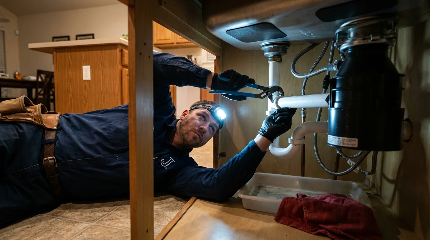 P-trap and supply line connections under a kitchen sink showing a common leak point in Plymouth, MI
